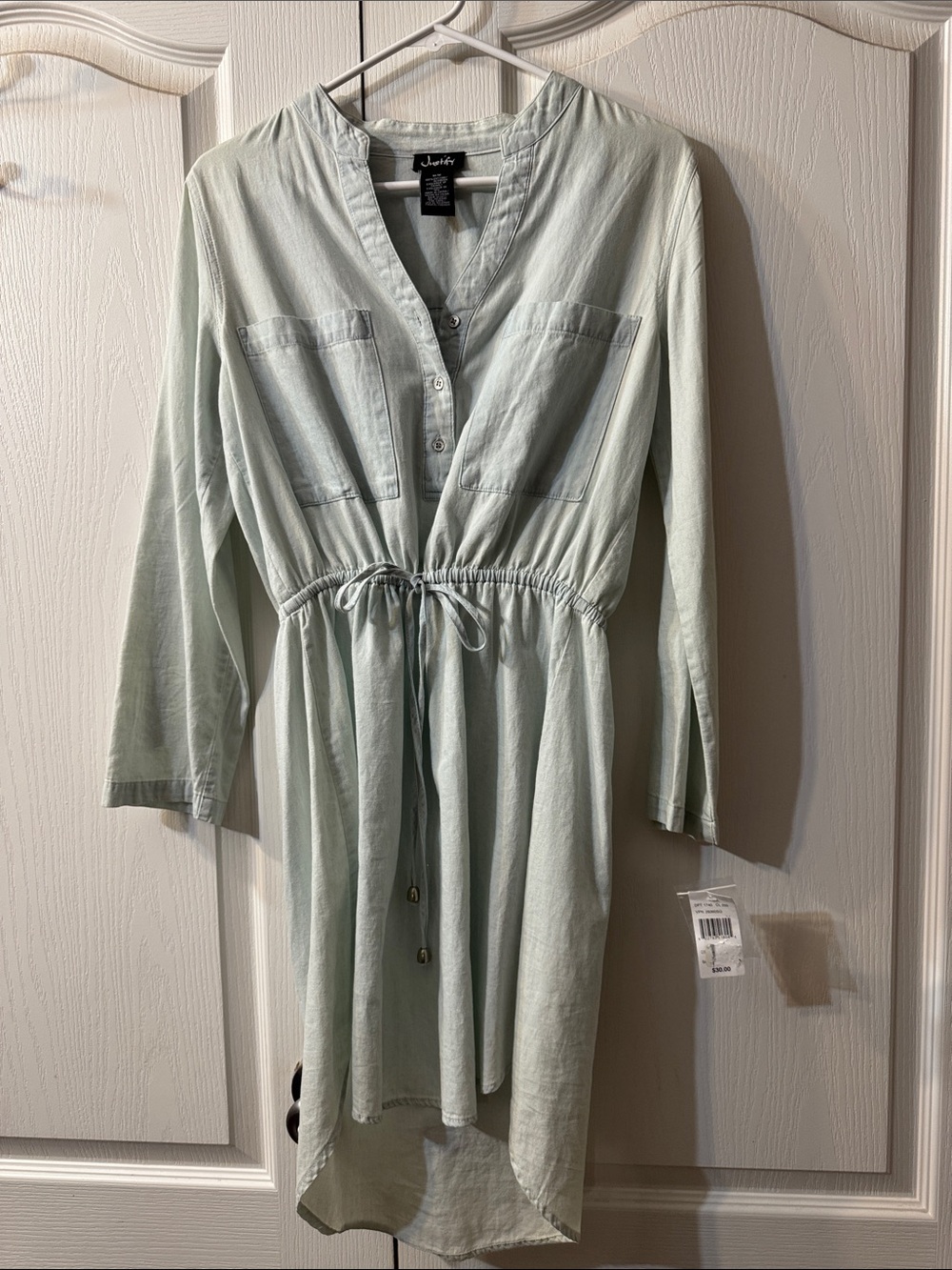 Justify Sage Green High-Low Drawstring Shirt Dress